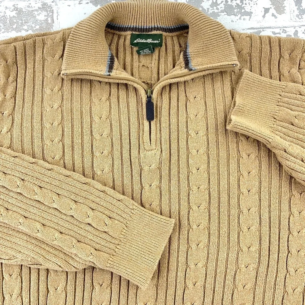 Eddie Bauer Sweater Men Large Tall Brown Heavy Cable Knit Pullover Textured - Picture 2 of 12